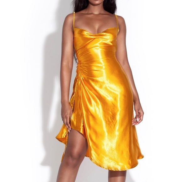 Montego Gold Satin Side Slit Dress- Miss Circle - Picture 5 of 5
